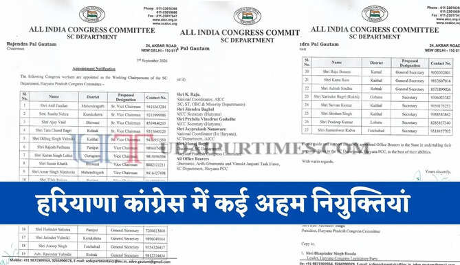हरियाणा कांग्रेस में पार्टी विस्तार के लिए कई अहम नियुक्तियां, देखें पूरी लिस्ट&nbsp;