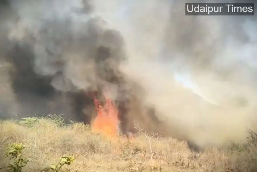 Massive wildfire spreading across forest land in Jaisamand Wildlife Sanctuary, Salumbar district, Rajasthan.