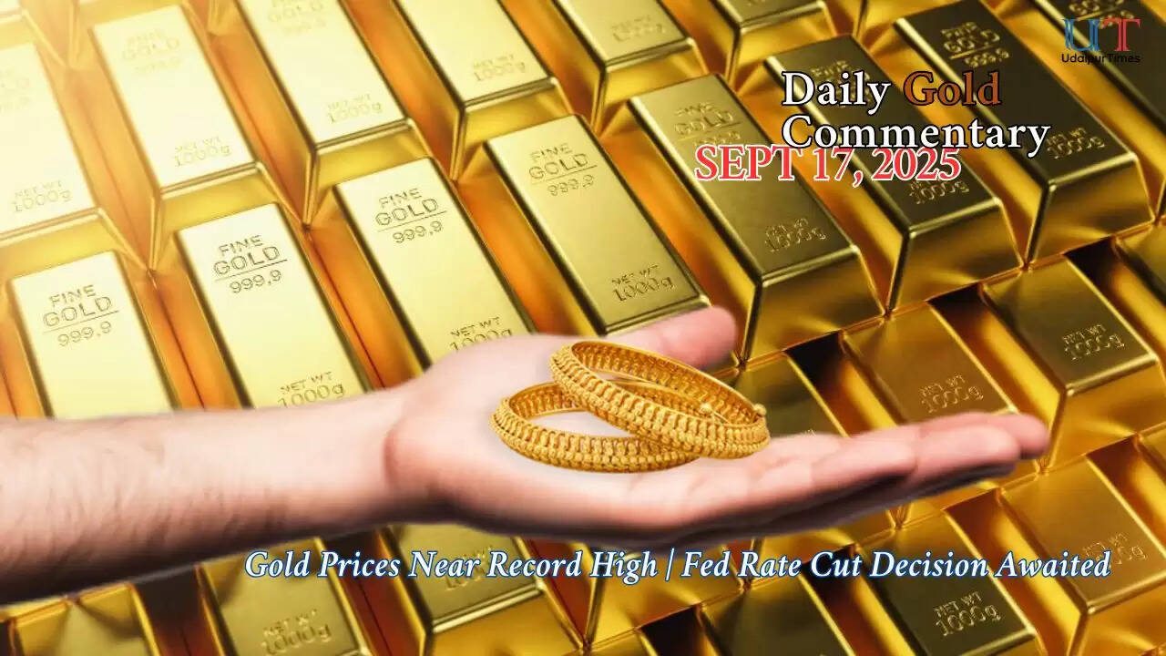 Gold bars with US Federal Reserve building background, symbolizing gold prices near record highs ahead of Fed interest rate decision