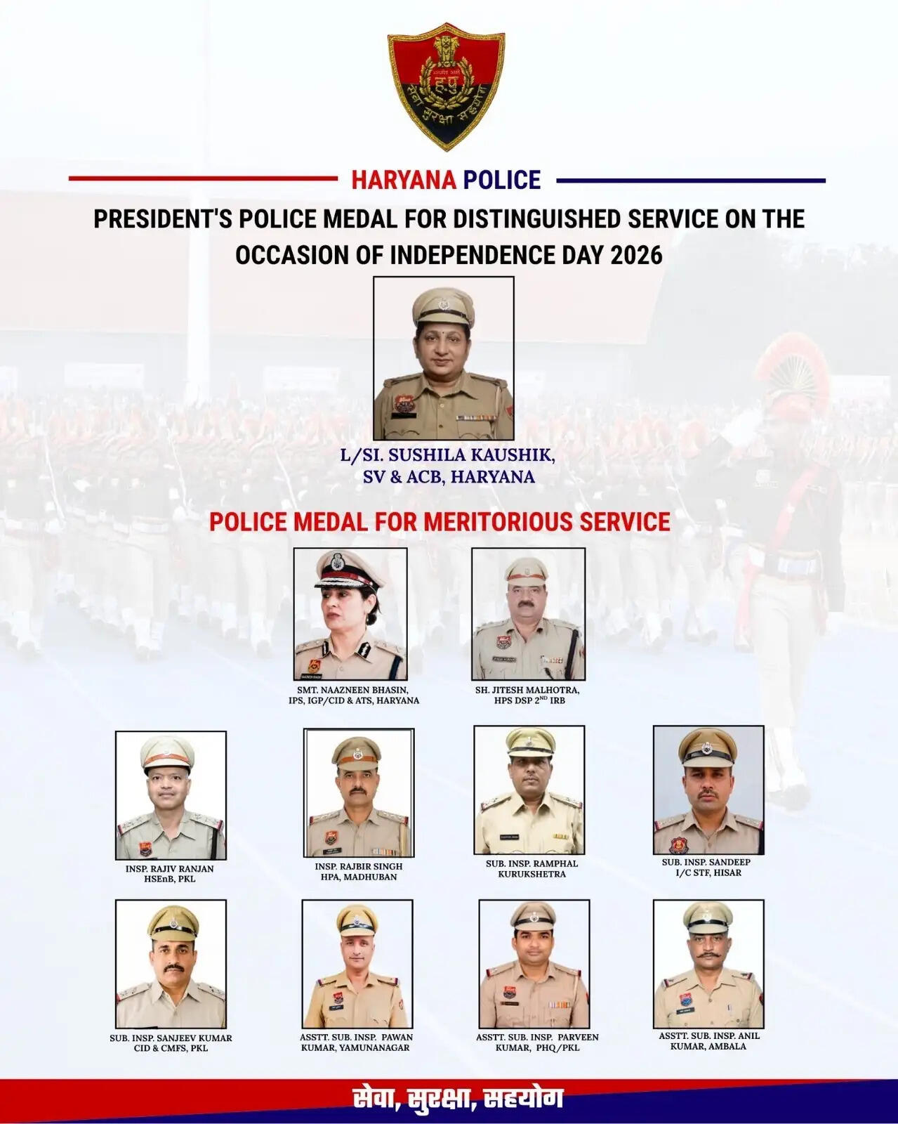 हरियाणा पुलिस के 11 अधिकारियों-जवानों को मिलेंगे मेडल