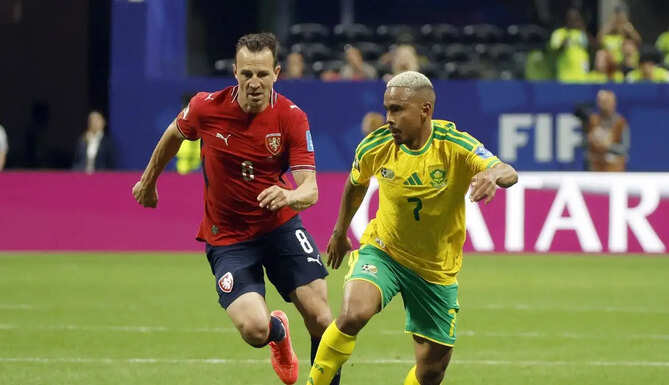 South Africa players celebrate after scoring a late penalty against the Czech Republic during their FIFA World Cup 2026 Group A match
