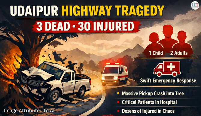 Damaged pickup vehicle after tragic accident near Majawad on Gogunda&ndash;Jhadol Highway in Udaipur district