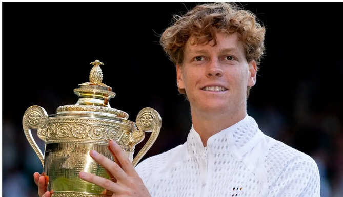 Jannik Sinner celebrates after defeating Alexander Zverev in the Wimbledon 2026 men's singles final on Centre Court.