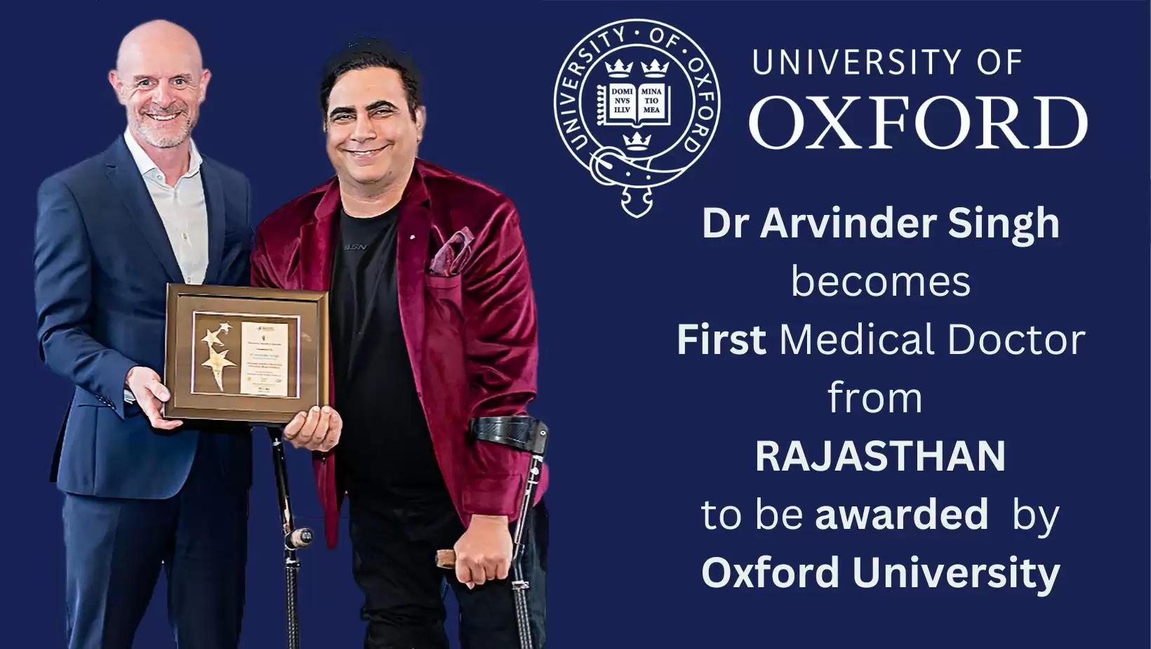 Oxford University Felicitates Dr arvinder singh of udaipur arth group arth skin and fitness