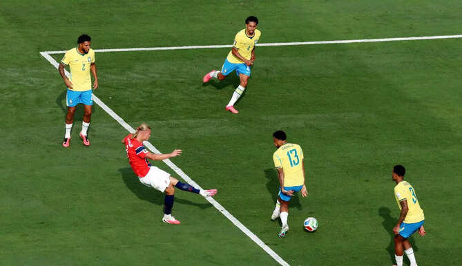 Erling Haaland celebrates after scoring against Brazil as Norway reach the FIFA World Cup quarter-finals.