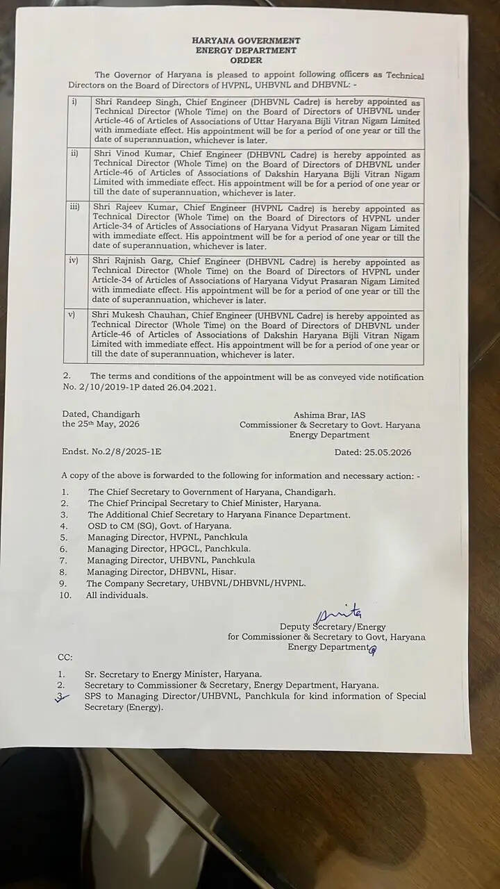 हरियाणा सरकार ने हरियाणा पॉवर यूटिलिटीज में किए पाँच नए डायरेक्टर्स नियुक्त, देखें आदेश