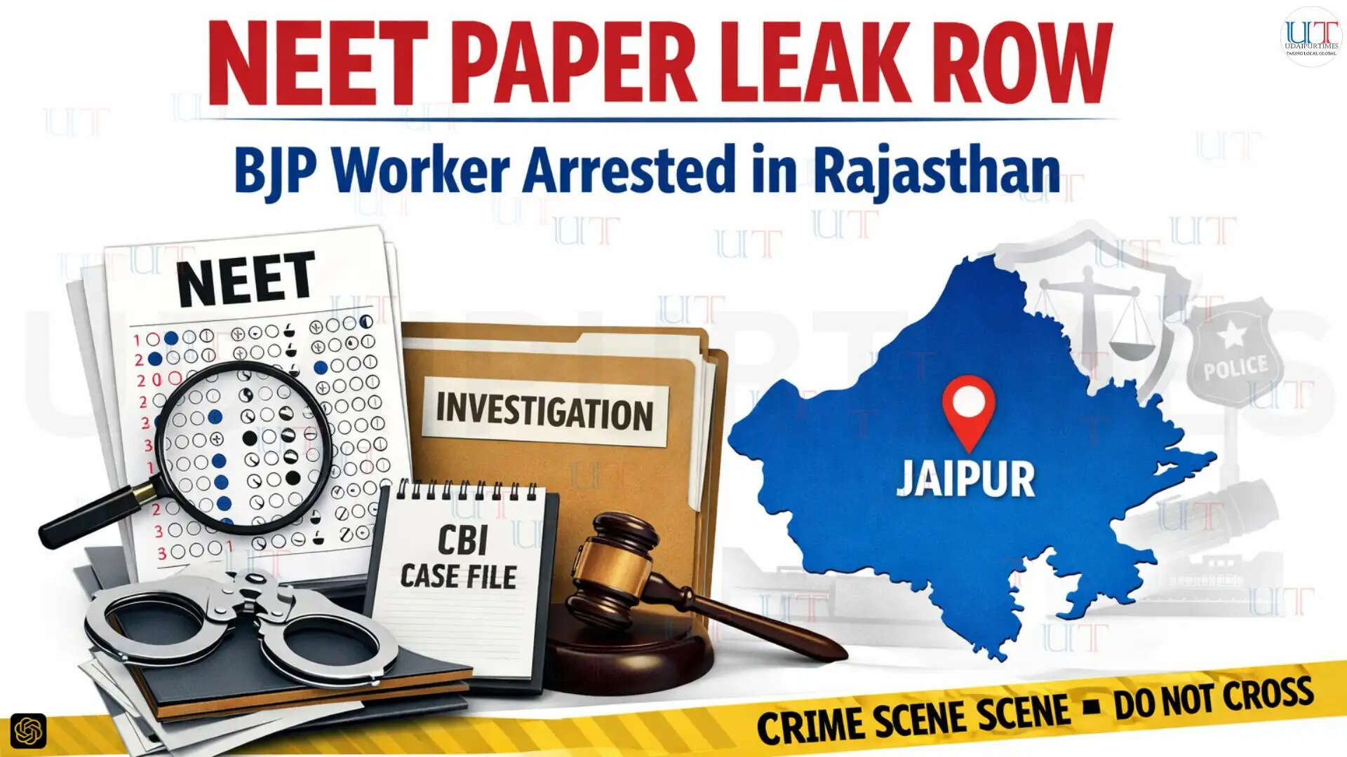 Illustration representing the NEET paper leak investigation in Rajasthan with symbolic exam papers, police investigation files, Jaipur map reference, and political controversy theme.