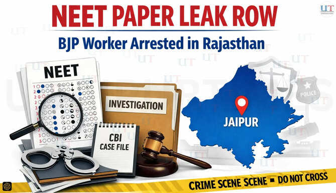 Illustration representing the NEET paper leak investigation in Rajasthan with symbolic exam papers, police investigation files, Jaipur map reference, and political controversy theme.