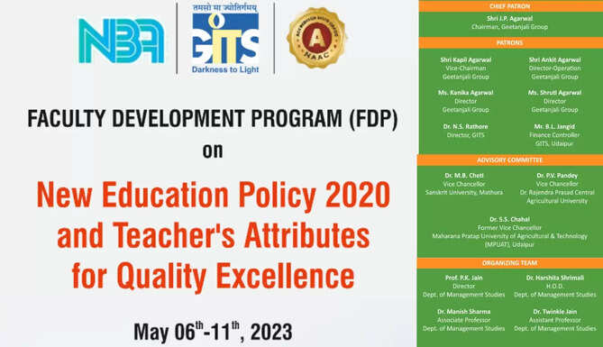 Faculty Development Program FDP on NEP 2020 at GITS Udaipur 6 to 11 May