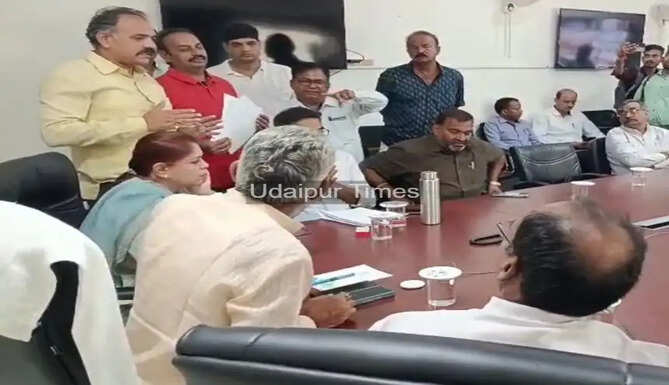 Public hearing on the Uniform Civil Code (UCC) draft at Udaipur Collectorate attended by officials, public representatives and citizens.