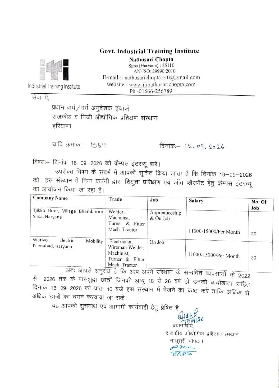 हरियाणा में कल यहां लगेगा रोजगार मेला