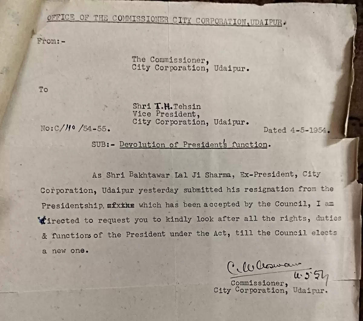 Tafazzul Hussain appointed Acting President (Mayor) of UMC in 1954