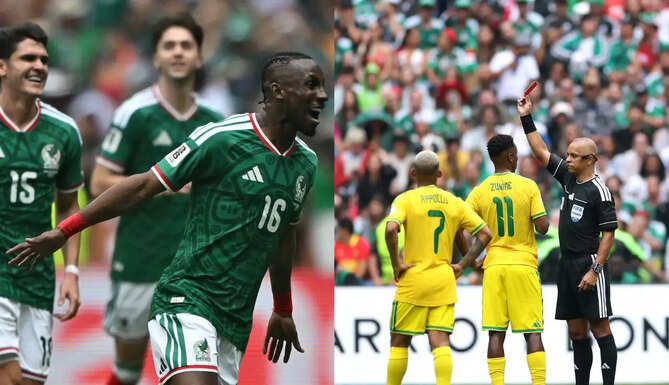 Mexico forward Juli&aacute;n Qui&ntilde;ones celebrates after scoring the opening goal against South Africa in the FIFA World Cup 2026 opener.