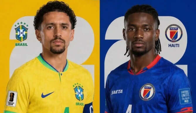 Brazil and Haiti players during a World Cup match that highlights the unique connection between the two nations.