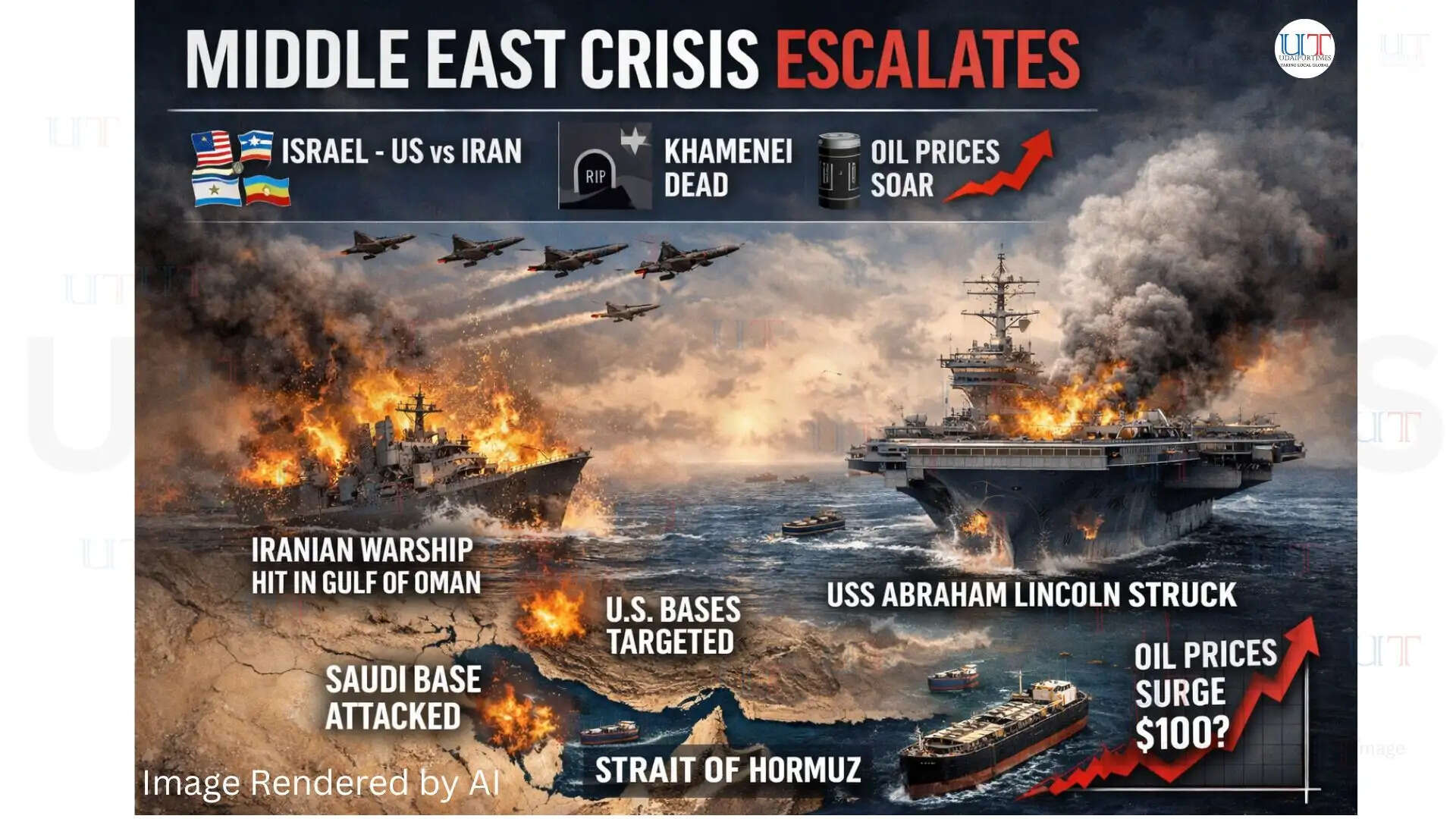 &ldquo;Map showing Middle East region with arrows representing military activity and oil route at Strait of Hormuz Mideast Tensions Surge &mdash; Impact on Oil & Global Security