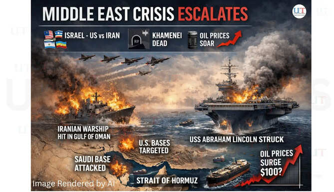 &ldquo;Map showing Middle East region with arrows representing military activity and oil route at Strait of Hormuz Mideast Tensions Surge &mdash; Impact on Oil & Global Security