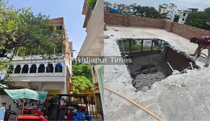 Officials of Udaipur Municipal Corporation sealing unauthorized buildings near Lake Pichola in Naga Nagri after demolishing illegal RCC roof structures.