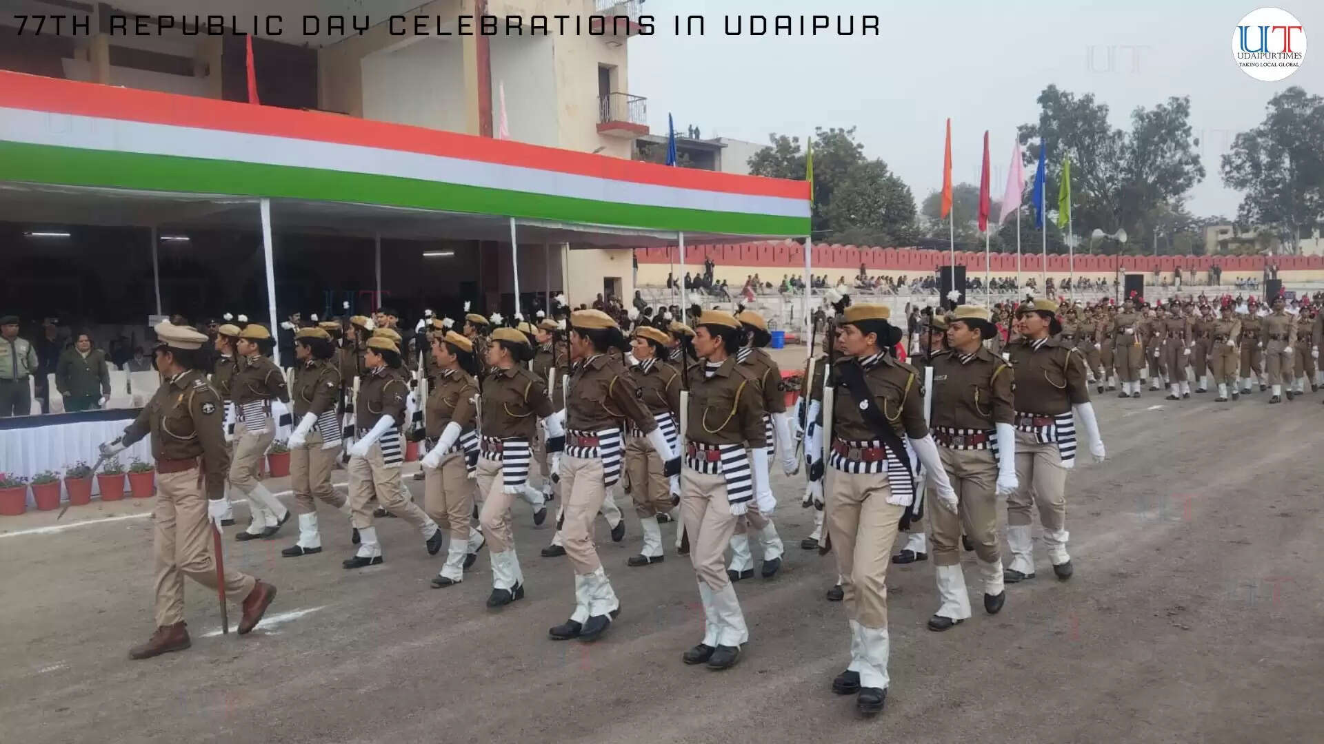 Flag hoisting ceremony during 77th Republic Day celebrations at Gandhi Ground, Udaipur