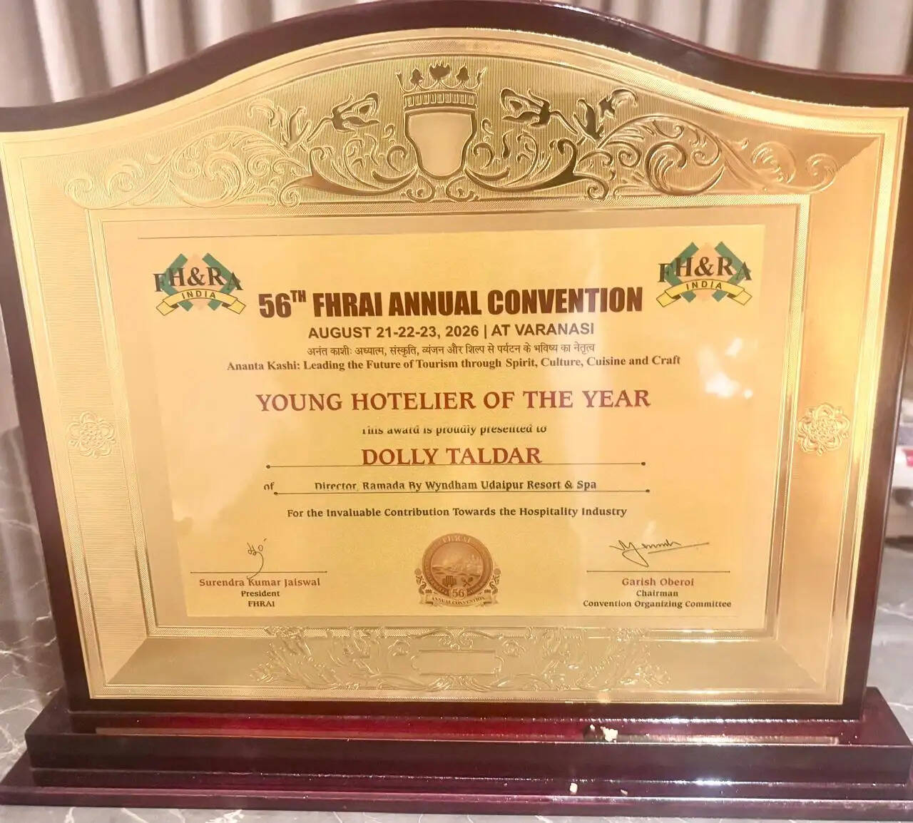 Ms. Dolly Taldar won the “Young Hotelier of the Year” award at the Federation of Hotels & Restaurants Association of India (FHRAI) Hospitality Awards - 2026, held during the 56th FHRAI Annual Convention on 23rd August 2026 in Varanasi.