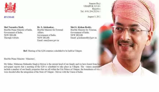 Letter of Concern on selection of venues by Maharaj Kumar Vishvaraj Singh MEwar to Prime Minister Narendra Modi on G20 Sherpa Summit Meeting in Udaipur in December