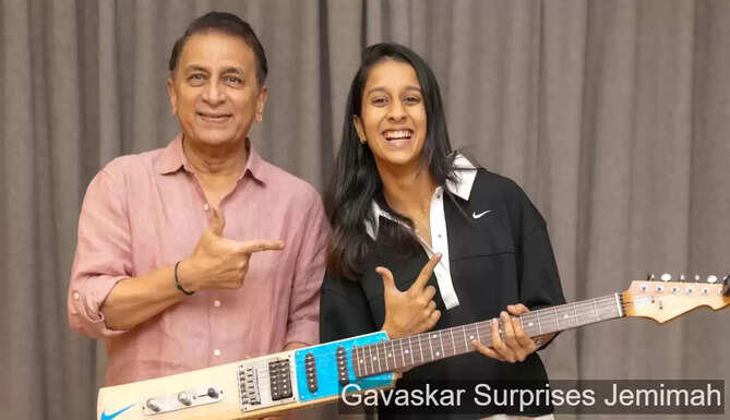 Sunil Gavaskar gifting a bat-shaped guitar to Jemimah Rodrigues ahead of WPL 2026