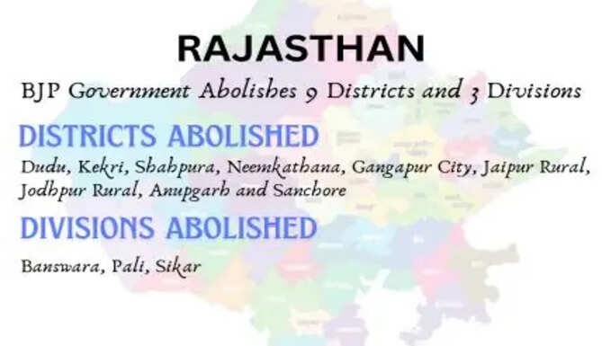 The BJP government has abolished the formation of 9 Districts and 3 Divisions by the Congress Government.&nbsp;Banswara Division De-recognised by&nbsp;Bhajan Lal's BJP Government