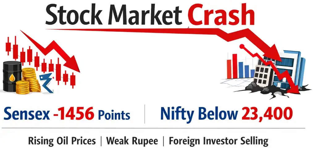 Indian stock market falls sharply as Sensex drops 1,456 points and Nifty closes below 23,400 on May 12.