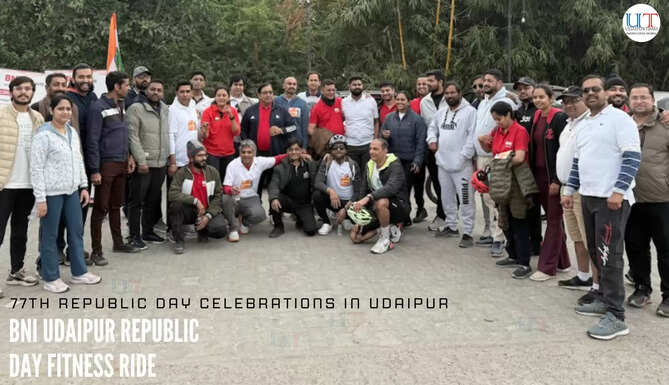BNI Udaipur members cycling at Fateh Sagar Lake on Republic Day celebration | BNI Udaipur, Republic Day celebration Udaipur, BNI cycling event, Fateh Sagar cycling, Vande Mataram 150 anniversary, BNI Rajasthan, Udaipur business network, fitness initiative Udaipur