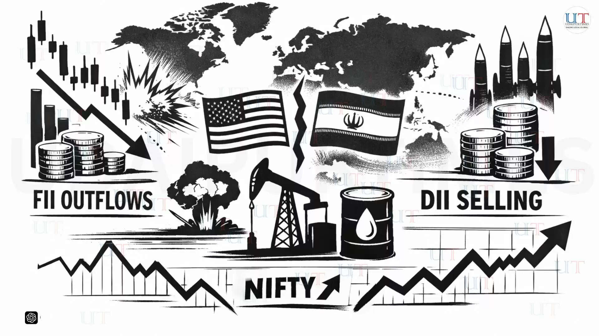 Stock market graph showing FII outflows and DII selling activity in Indian equity markets during April 2026 with global geopolitical impact indicators