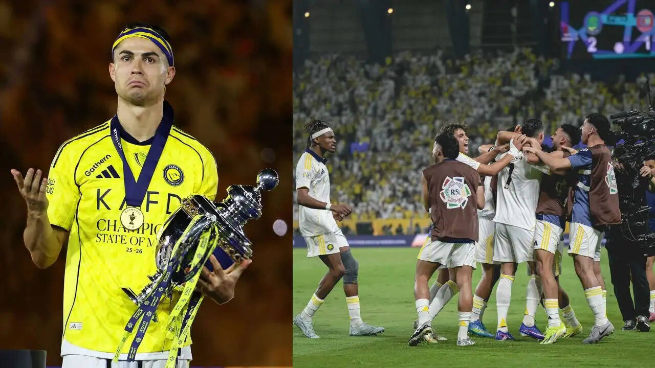 Cristiano Ronaldo celebrating after scoring for Al-Nassr in Saudi Pro League title-winning match against Damac