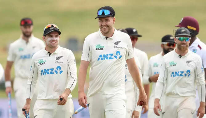 New Zealand players celebrate Test series win against West Indies at Mount Maunganui