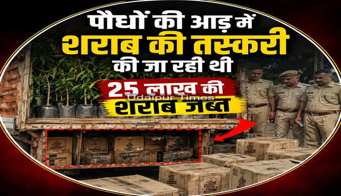 Phalasia Police seized 288 cartons of illegal English liquor worth ₹25 lakh hidden inside secret compartments of a truck during a highway operation near Udaipur.