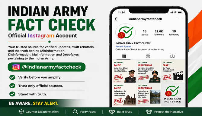 Official Instagram profile of Indian Army Fact Check (@indianarmyfactcheck) launched to counter misinformation and AI-generated deepfakes.