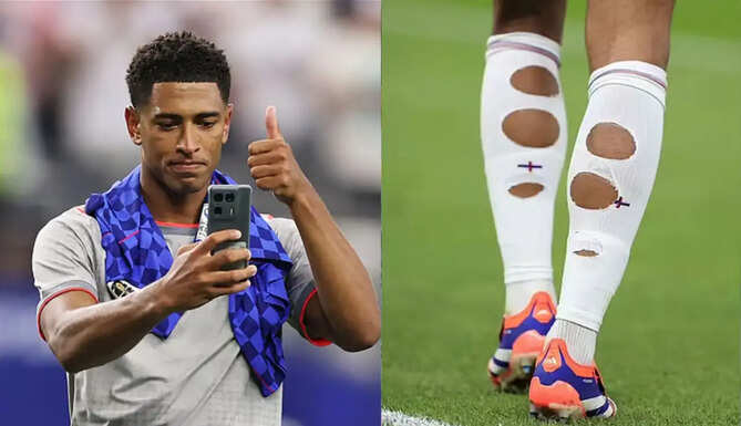 Jude Bellingham and Leroy San&eacute; wearing football socks with holes during World Cup matches