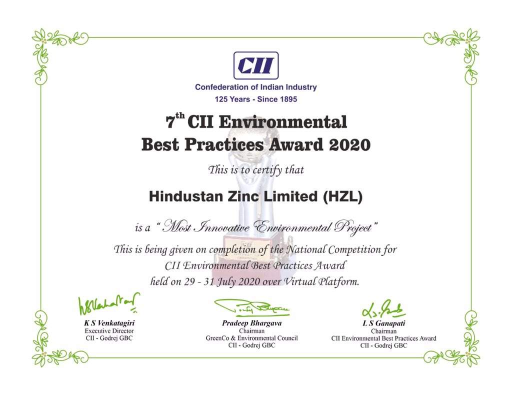Hindustan Zinc conferred with CII Environmental Best Practices Award 2020