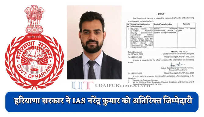 हरियाणा सरकार ने IAS नरेंद्र कुमार को जिला नगर आयुक्त रोहतक की अतिरिक्त जिम्मेदारी, आदेश जारी