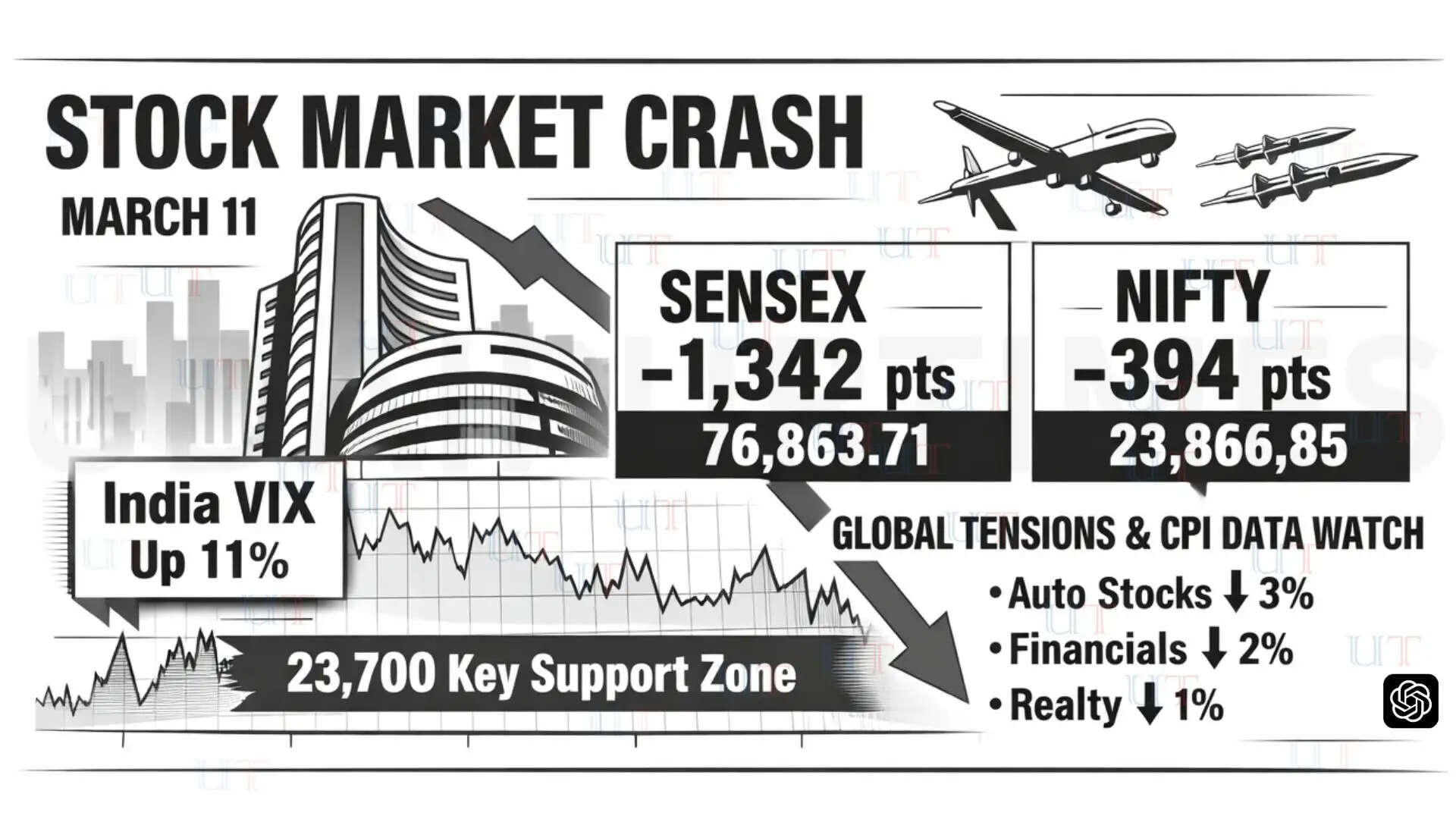 Sensex and Nifty fall sharply on March 11 as global tensions and US CPI data weigh on Indian stock market