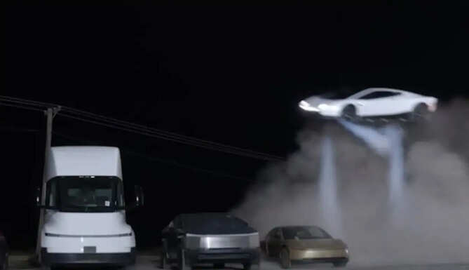 Tesla Roadster demonstration featuring a curved ramp and an apparent jump into the air, raising questions about the future of flying cars.