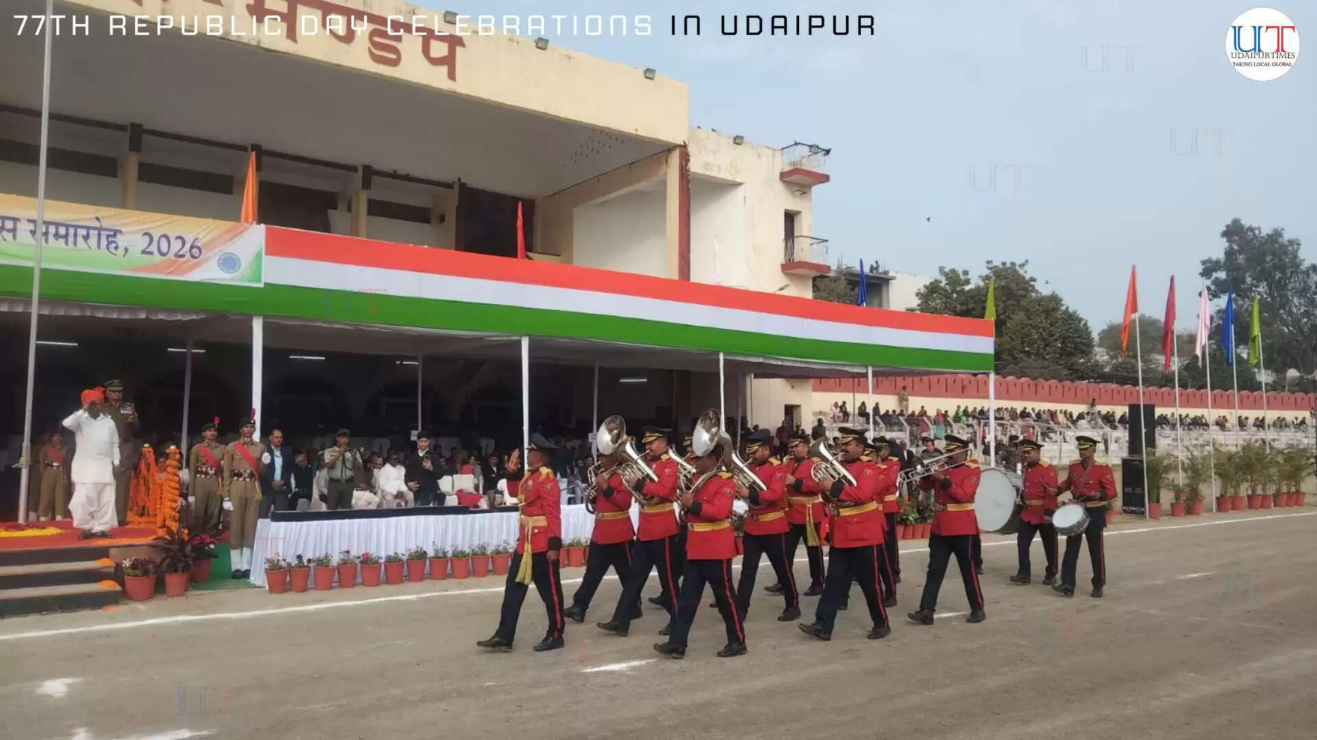 Flag hoisting ceremony during 77th Republic Day celebrations at Gandhi Ground, Udaipur