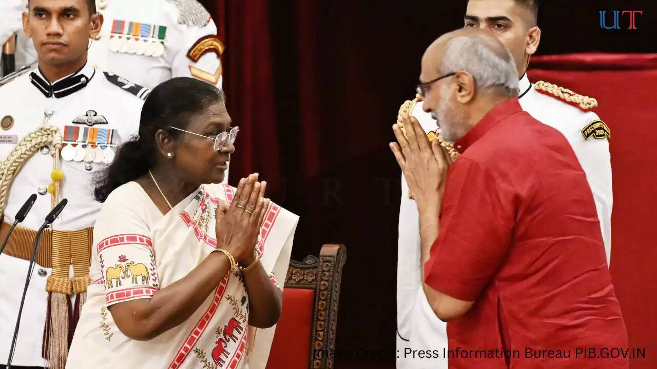 President Droupadi Murmu administering oath of office to CP Radhakrishnan as Vice President of India at Rashtrapati Bhavan, September 12, 2025
