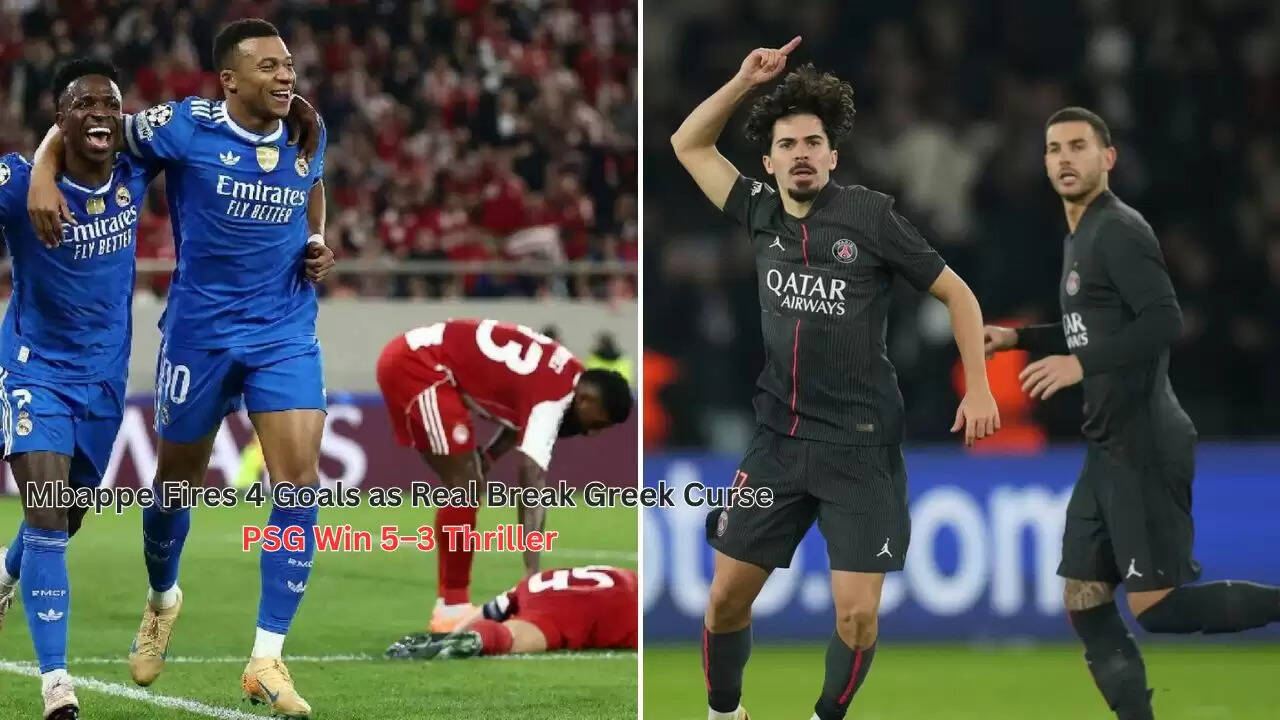 Kylian Mbappe scores four goals to lead Real Madrid to a 4–3 win over Olympiacos; PSG defeat Tottenham 5–3 in a Champions League thriller