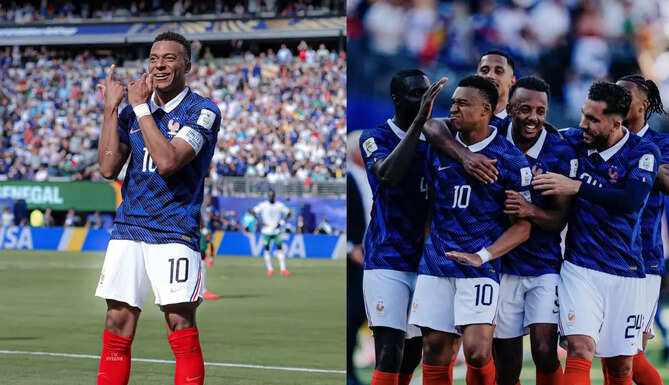 Kylian Mbappe celebrates after becoming France's all-time leading scorer during the World Cup match against Senegal.
