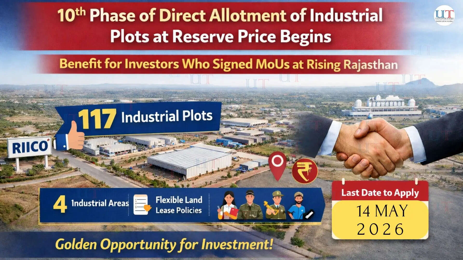 RIICO announcement of industrial plot allotment in Udaipur under Rising Rajasthan scheme offering 117 plots across four industrial areas at reserve price