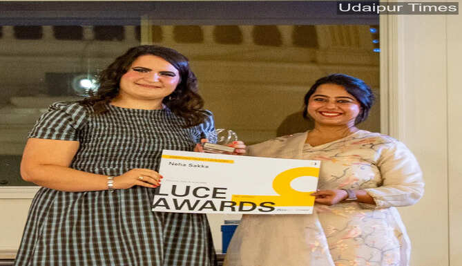 Rajasthan electrical engineer Neha Sakka receiving the LUCE Emerging Talent Award 2026 in Florence, Italy, becoming the first Indian to win the prestigious honor.