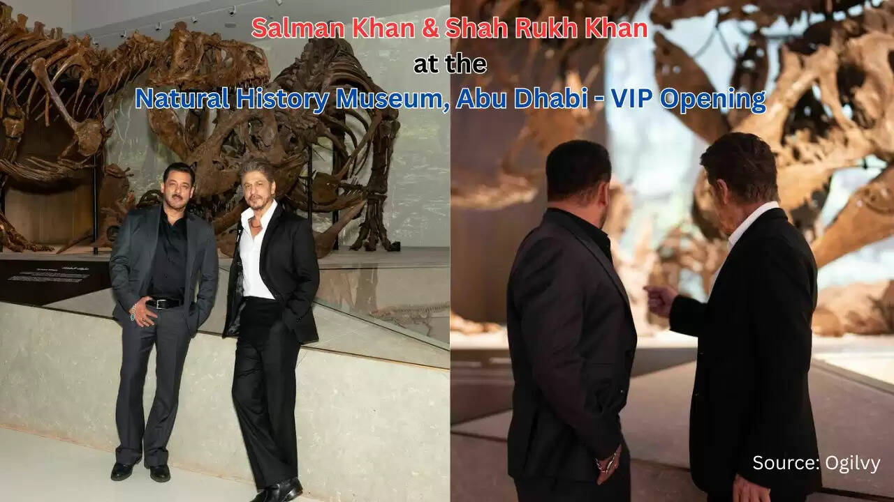Celebrity guests including Shah Rukh Khan and Salman Khan exploring exhibits during the VIP preview of the Natural History Museum Abu Dhabi