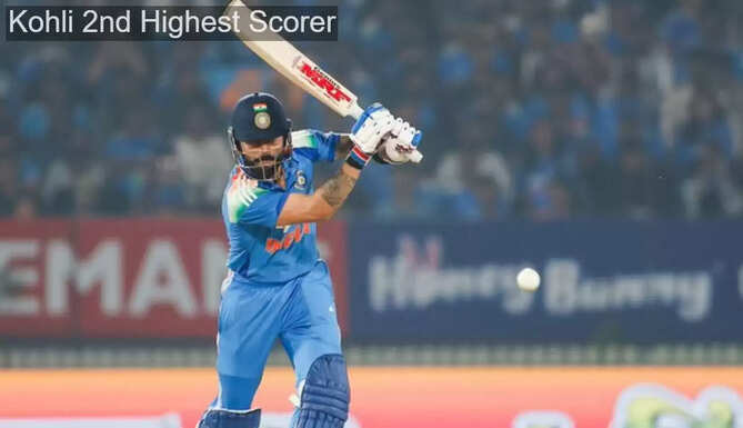 Virat Kohli celebrates after surpassing Kumar Sangakkara to become the second-highest run-scorer in international cricket