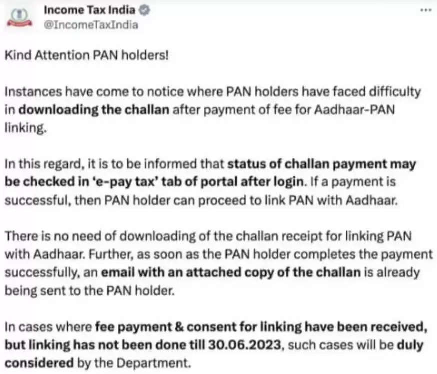 Income Tax Department on Aadhaar PAN Linking