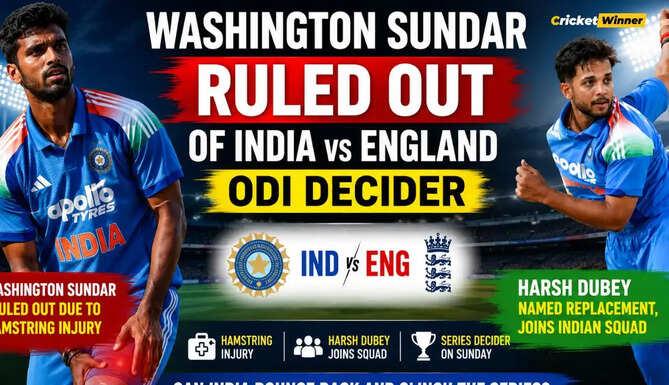 Washington Sundar walks off injured during the India vs England ODI as Harsh Dubey joins the Indian squad for the series decider.