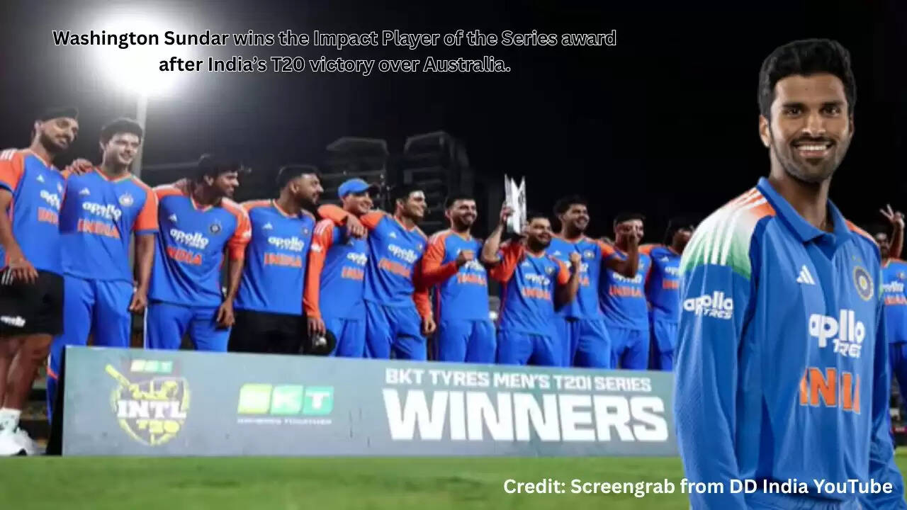 Washington Sundar receives Impact Player of the Series award after India&rsquo;s T20 series win against Australia