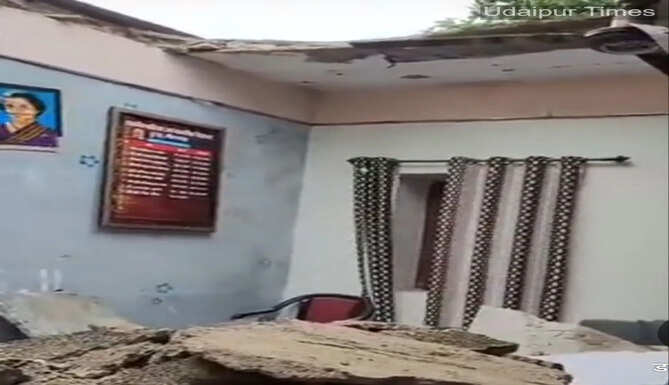 Collapsed roof inside the principal's room at Mahatma Gandhi Government School in Harada, Bhilwara.
